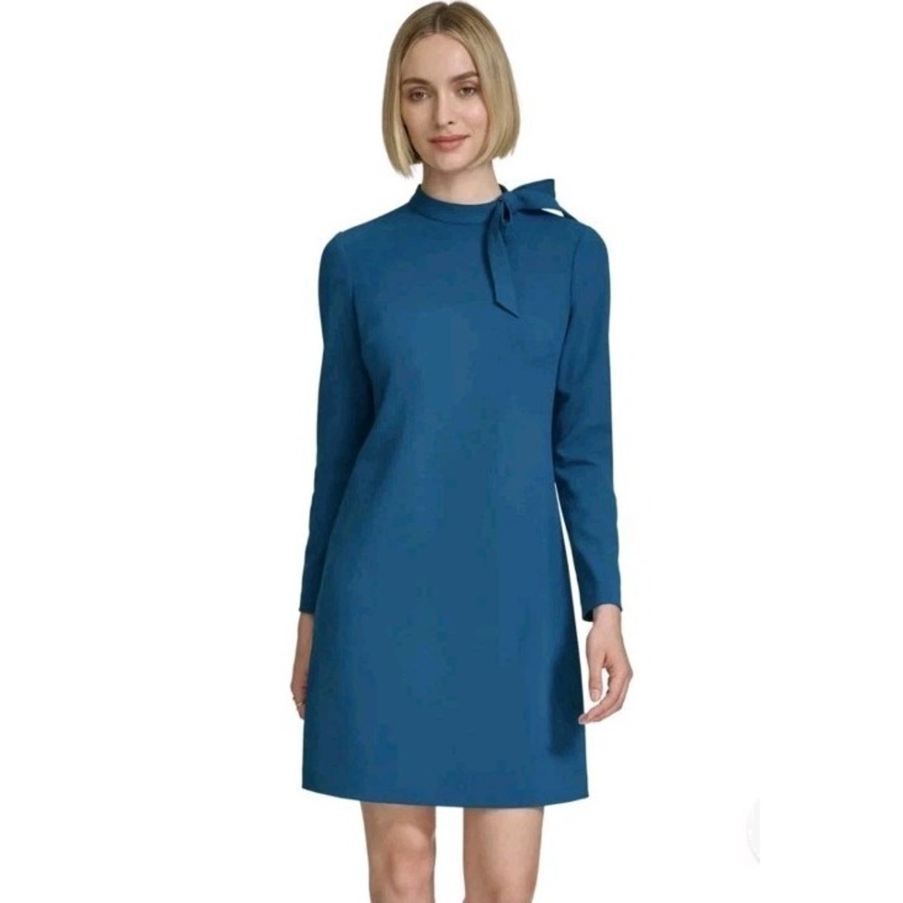 NWT Andrew Marc Shift Dress Womens Size 10 Mock Tie Neck Bow‎ Long Sleeves Black
